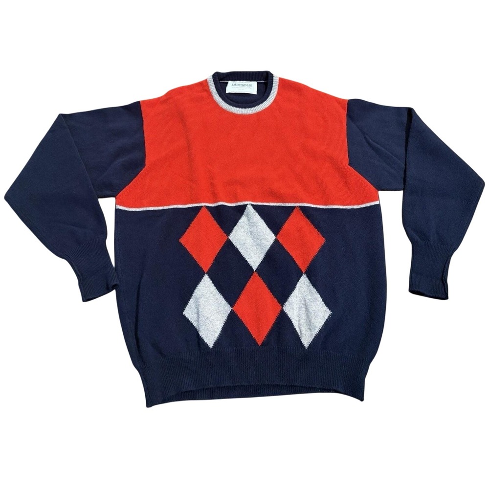 90s Vintage J.M. McInerney Lambswool Argyle Sweater Men XL 44 Scotland Golf Knit